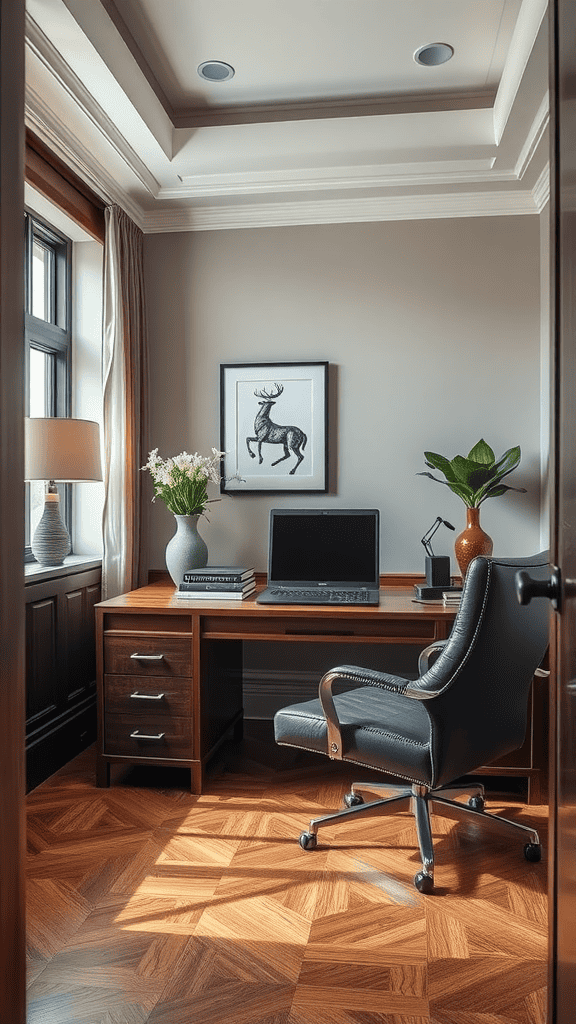 A stylish home office with a mini fridge under the desk, featuring a large window and modern decor.