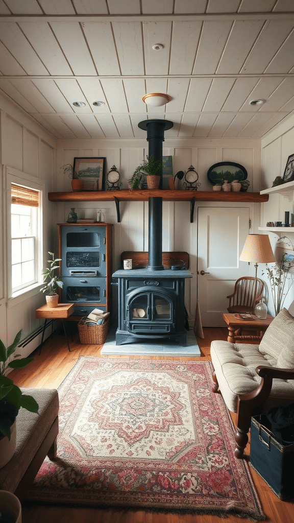 Cozy vintage living room featuring a wood stove, comfortable seating, and a patterned area rug.