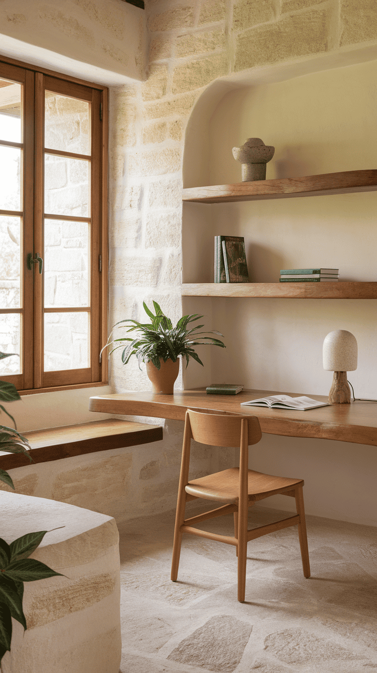 A cozy workspace featuring natural elements like a plant, wooden desk, and stone walls.