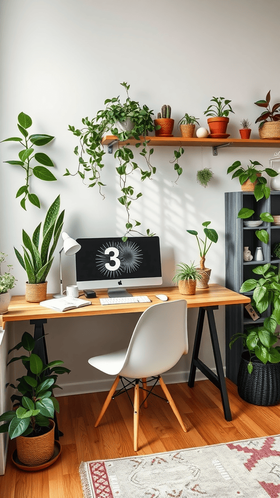 A bright office space with a desk, laptop, and various indoor plants.