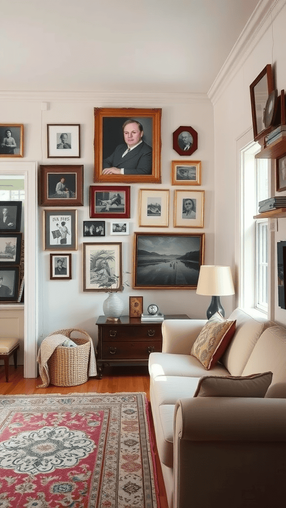 A vintage-style living room with a gallery wall of framed art and photography.