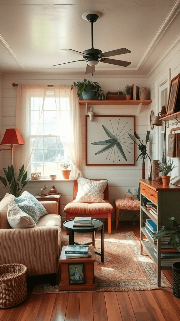 Cozy vintage living room with a mix of furniture and decor in a tiny house.
