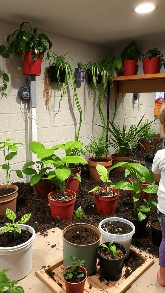 Indoor gardening space with various potted plants and a light source.