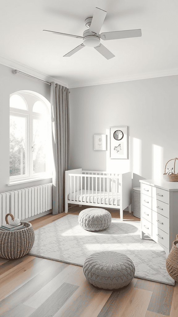 A bright and cozy nursery featuring a crib, soft seating, and elegant decor.