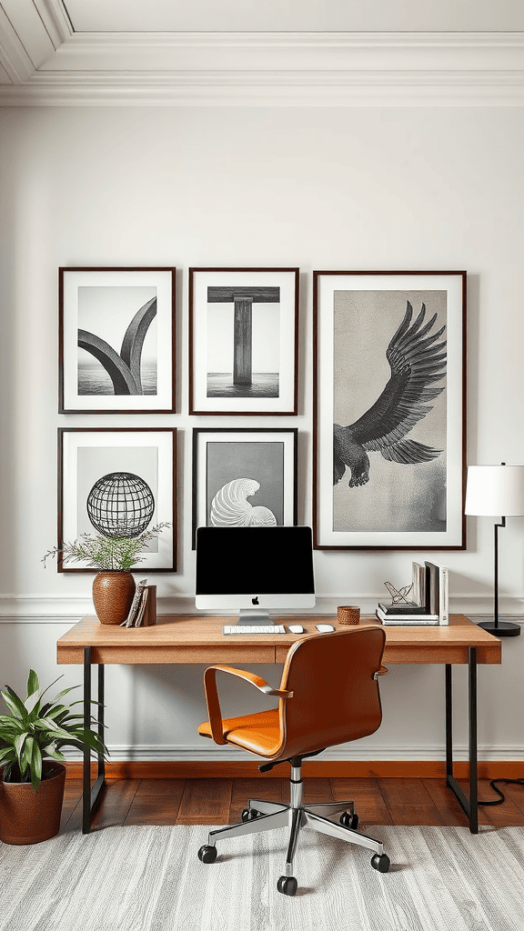 A cozy home office featuring inspirational wall art, plants, and a modern desk setup.