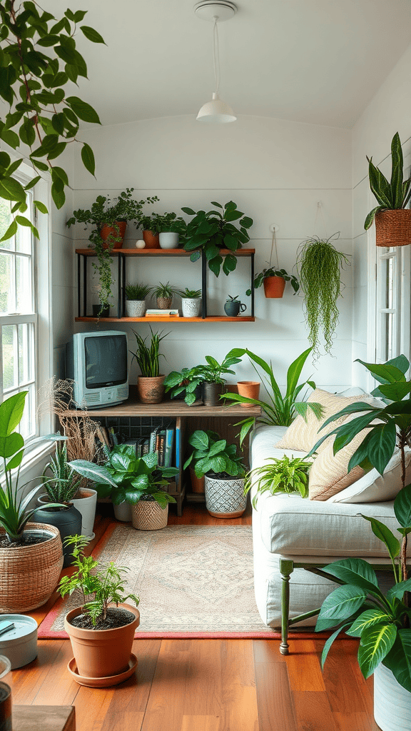 A cozy tiny house living room filled with various indoor plants, showcasing a lively and inviting atmosphere.