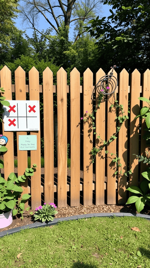 A wooden fence with a tic-tac-toe game painted on it and decorative plants.