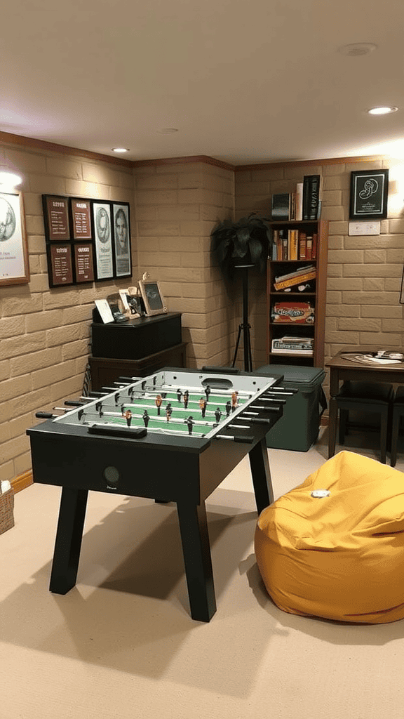 A cozy game corner featuring a foosball table, bean bags, and artwork on the walls.