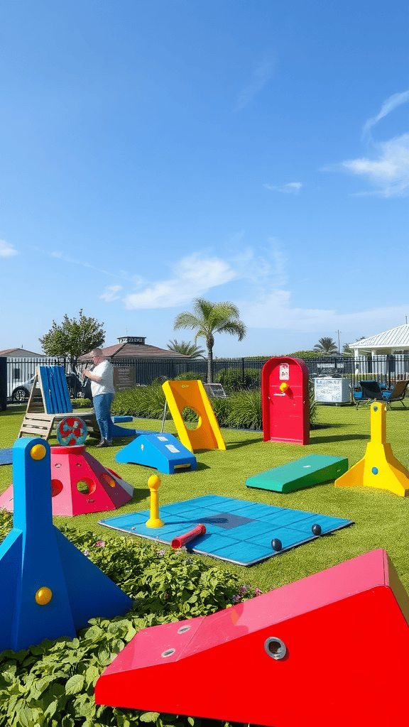 Colorful interactive garden games set up on green grass under a clear blue sky