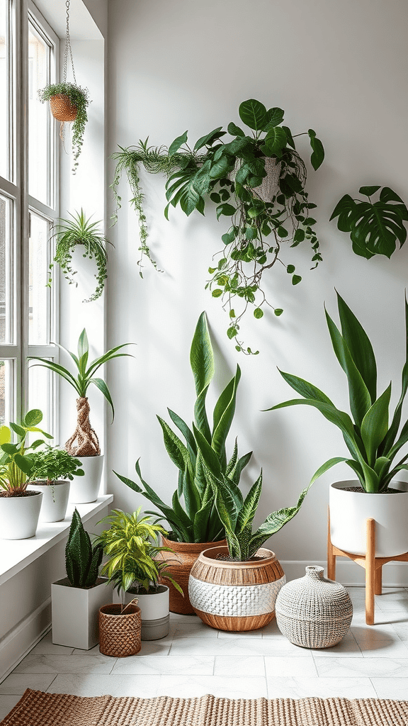 A bright room filled with various indoor plants in decorative pots by a window.