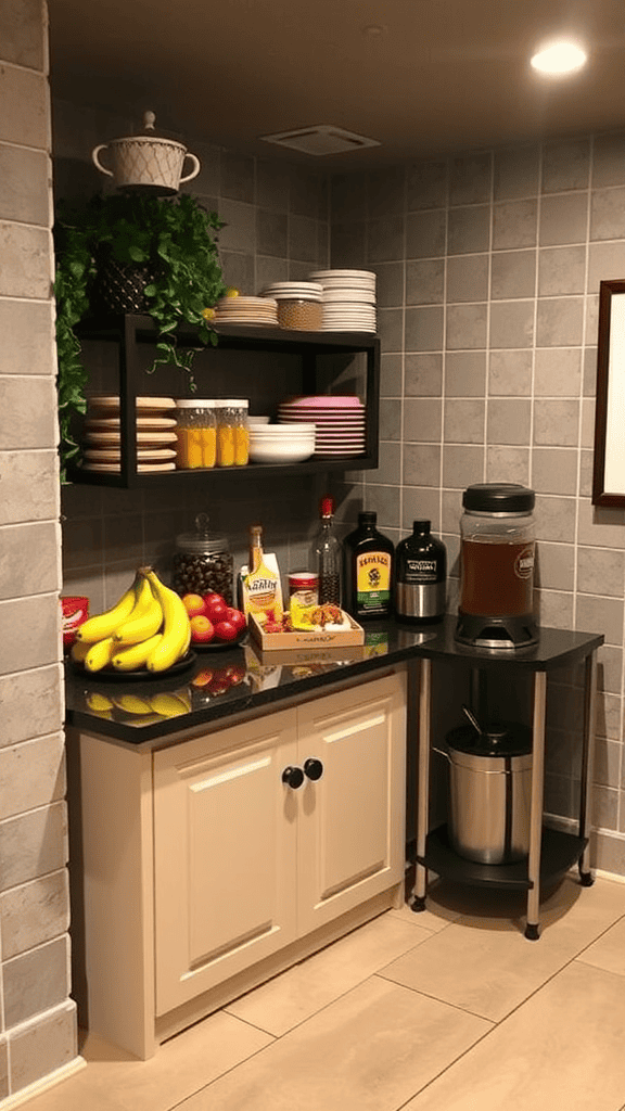 A cozy snack bar with fruits, snacks, and drinks on display.