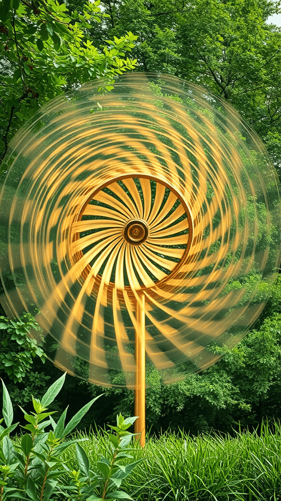 A kinetic garden sculpture with a spiral design, spinning in the wind, surrounded by lush greenery.