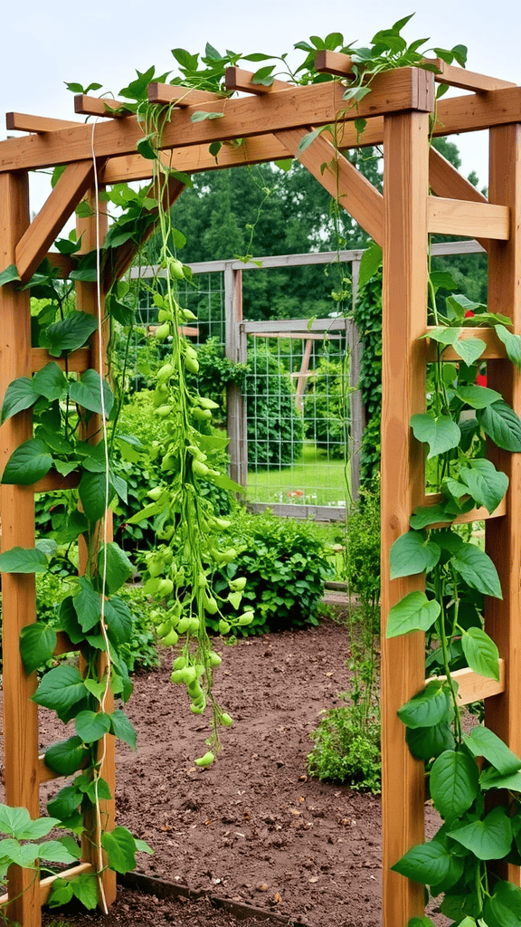 A wooden lattice arch with climbing pea plants in a garden.