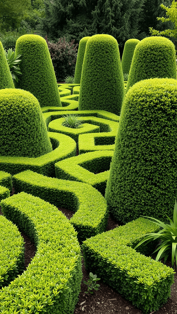 A garden design featuring layered hedges with sculpted shapes and flowing greenery.