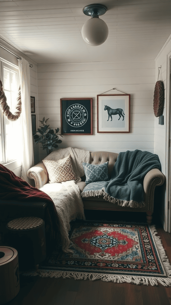 Cozy vintage tiny house living room with layered rugs and throws.