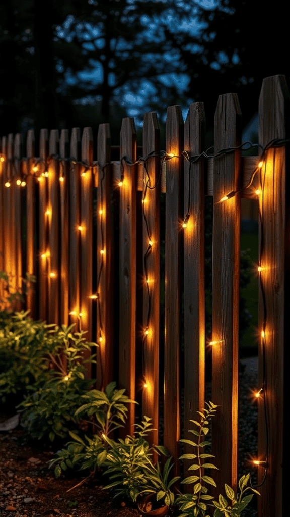 A wooden fence adorned with warm string lights, surrounded by greenery during dusk.