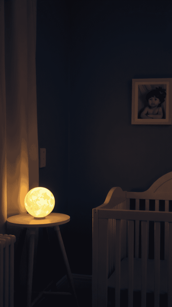 A soft glowing lunar-themed nightlight on a table beside a crib in a cozy room.