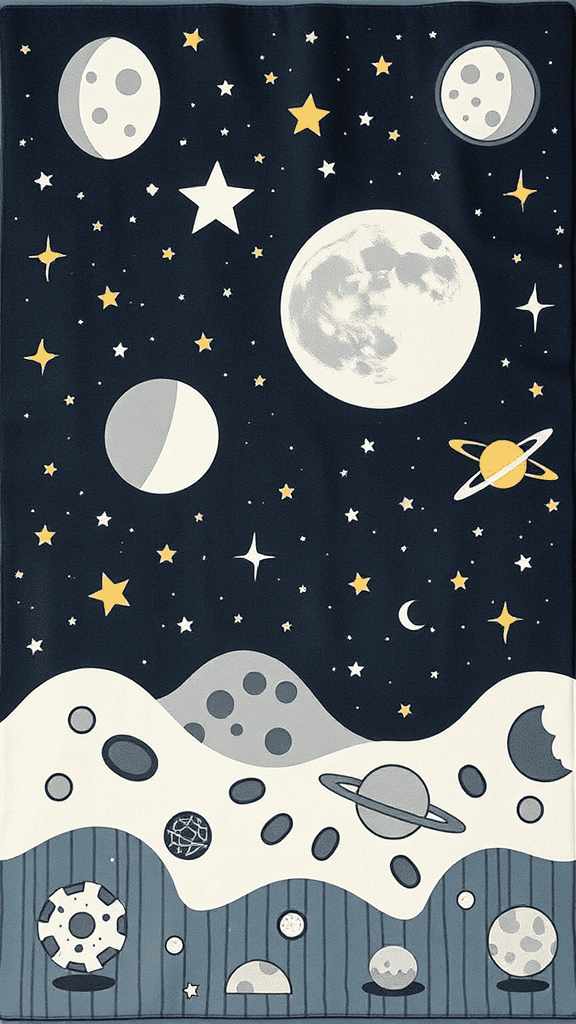 A playful design of a lunar landscape with moons, stars, and planets.