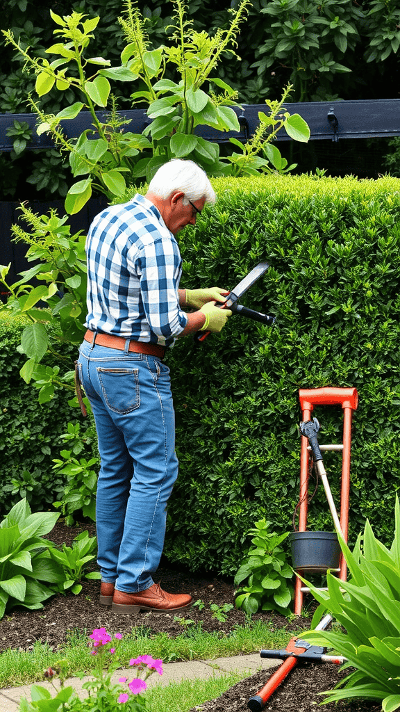 A person trimming a garden hedge with gardening tools nearby.