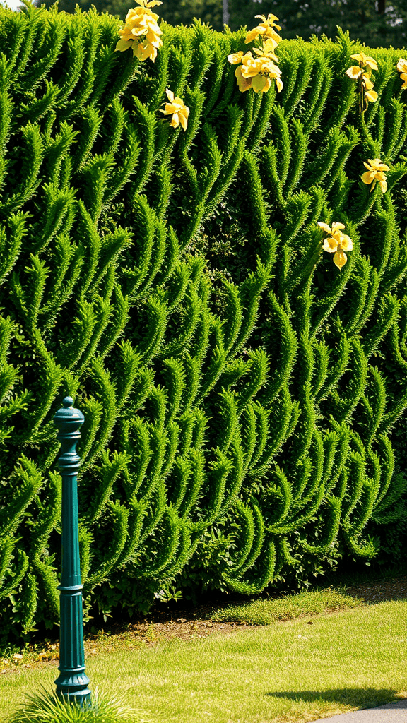 A person trimming a lush green hedge with garden shears.