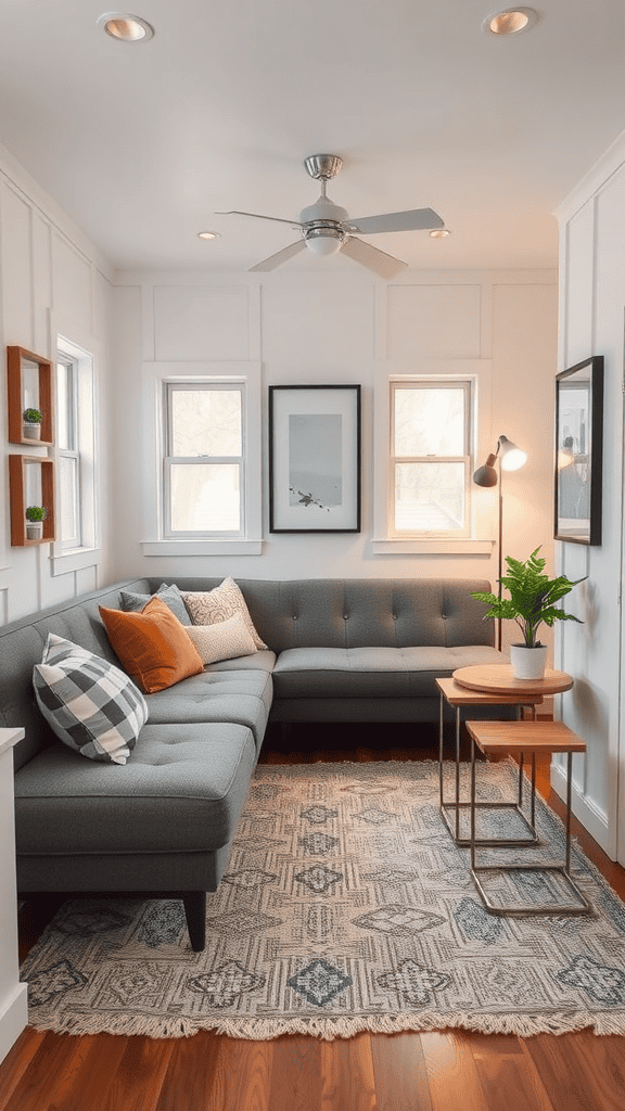 Cozy vintage tiny house living room with sectional sofa, nesting tables, and a plant.