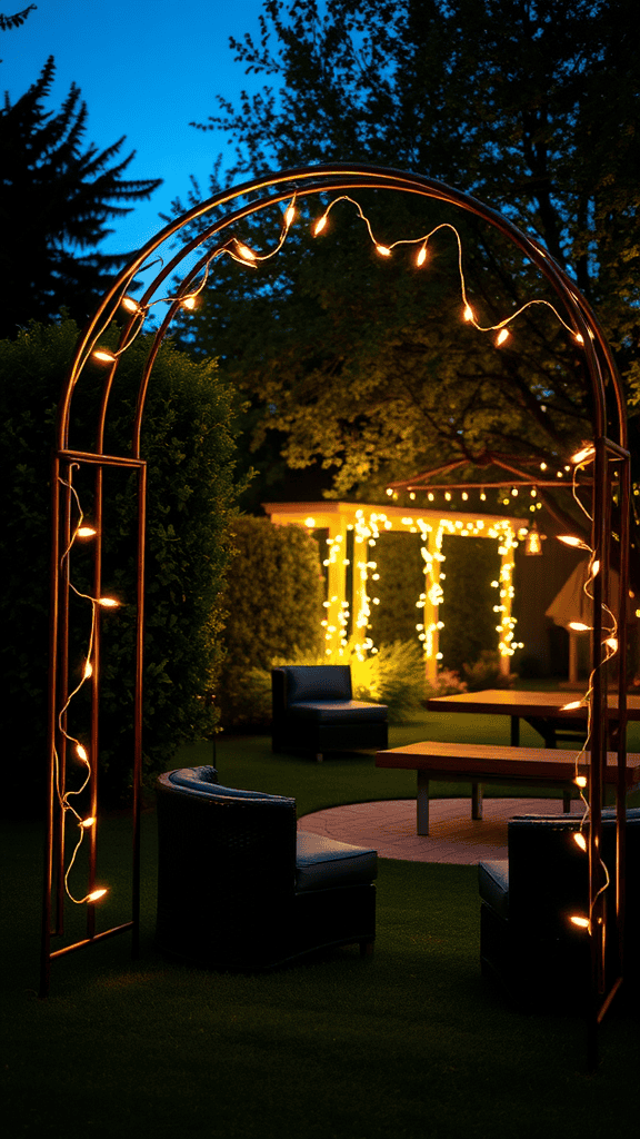 A metal arch with fairy lights in a garden setting, surrounded by seating and greenery.