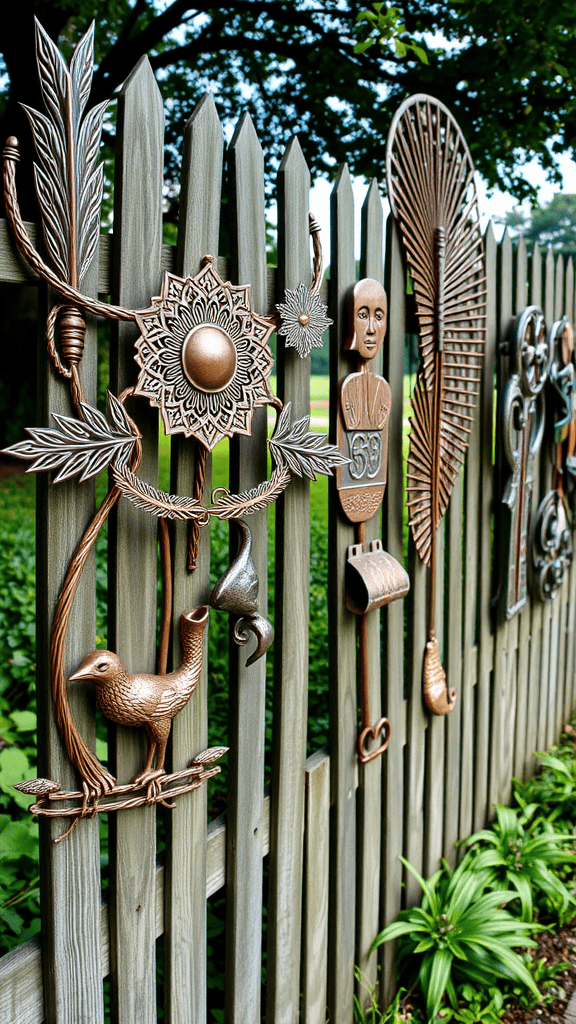 A decorative metal sculpture display on a fence, showcasing various designs like flowers, birds, and faces.