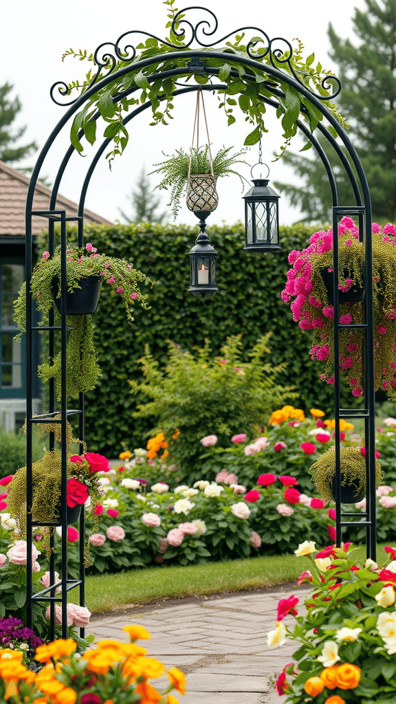 A decorative metal trellis adorned with flowers and lanterns in a lush garden.