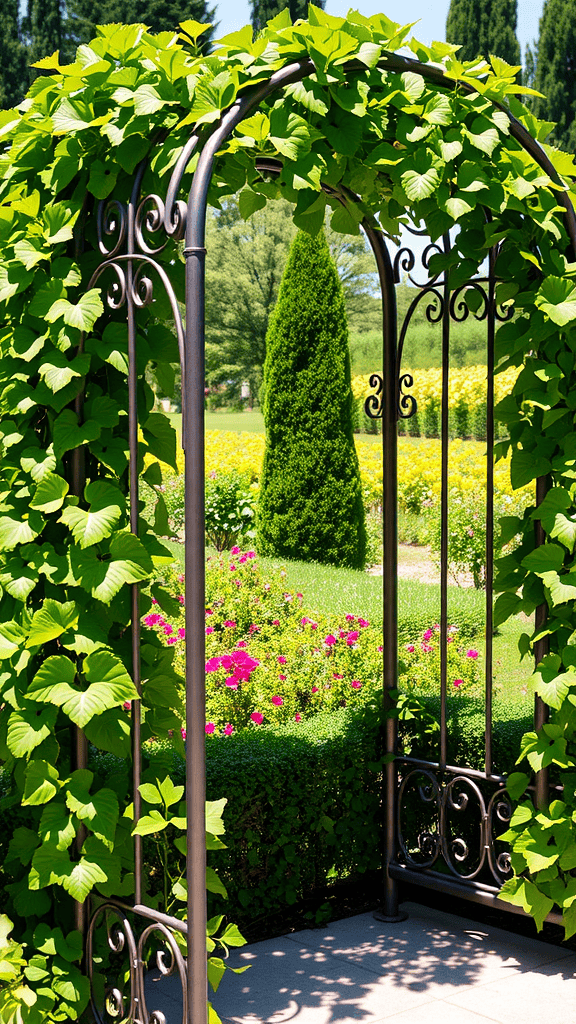 A metal trellis covered in green vines, surrounded by colorful flowers in a garden.