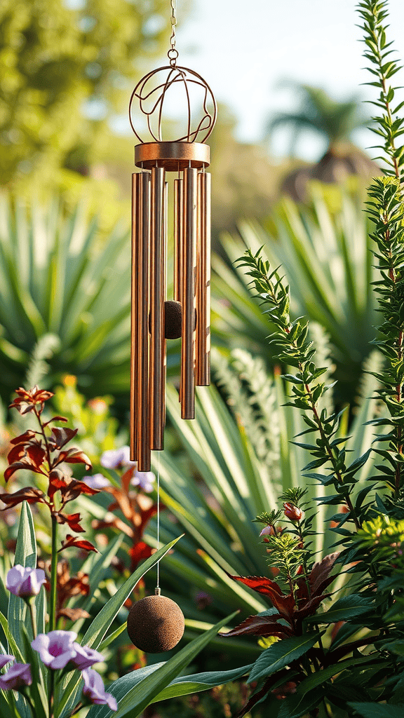 Beautiful metallic wind chimes hanging among green plants