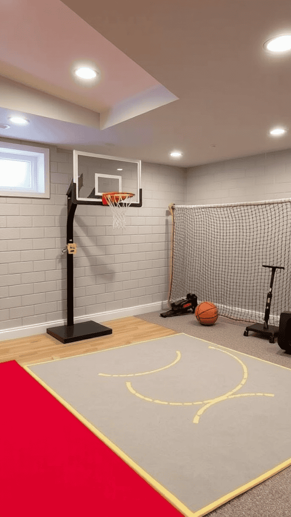 A mini indoor sports area featuring a basketball hoop, a practice net, and a cushioned mat.