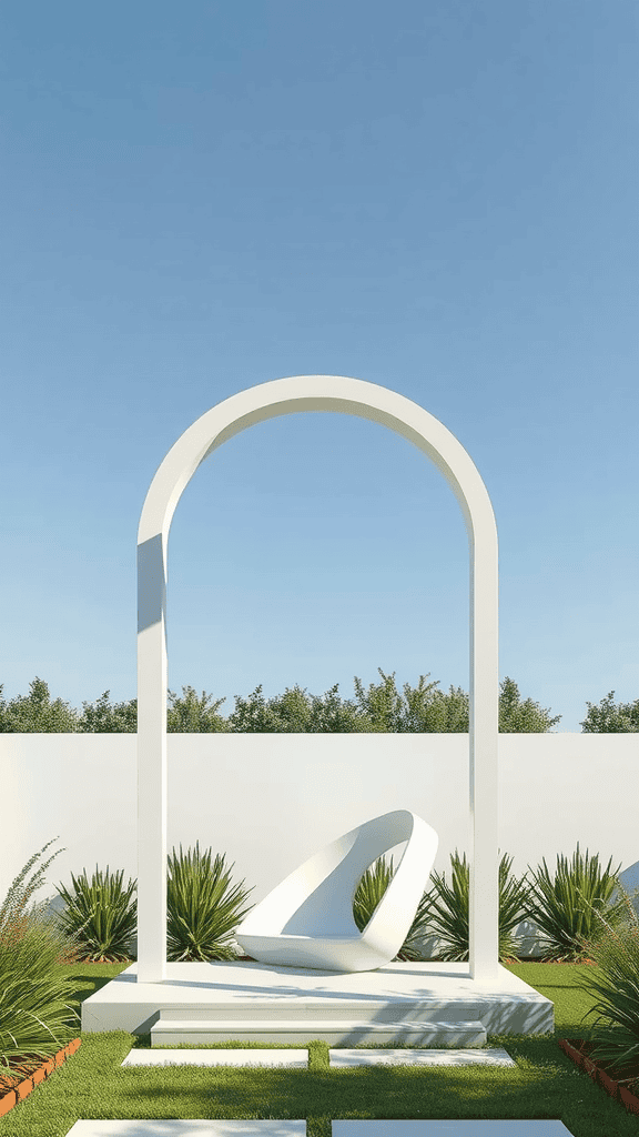 A modern minimalist arch in a garden setting with lush greenery and a clear sky.