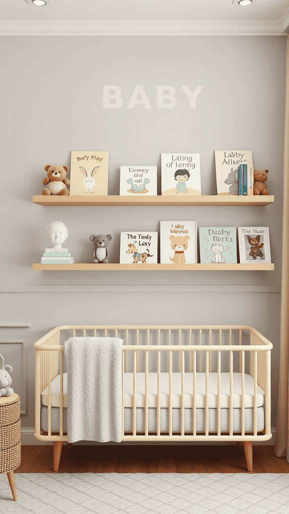 Minimalist book shelves in a baby's nursery with colorful children's books and cute stuffed animals.