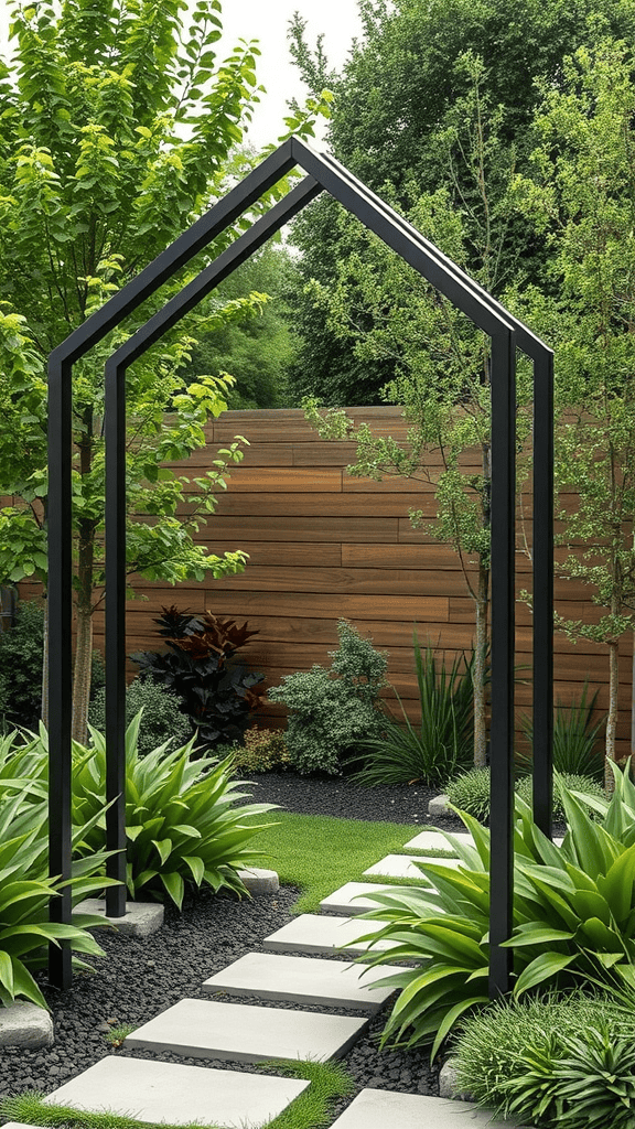 A modern geometric arch in a garden, surrounded by lush greenery and stepping stones.