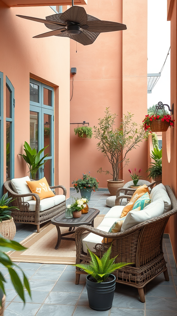 A cozy outdoor patio with beige furniture, colorful cushions, and green plants.