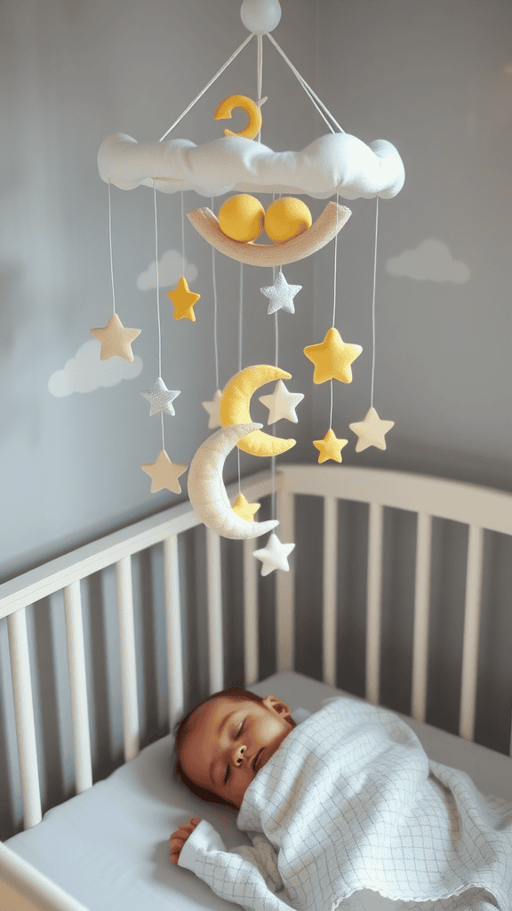 A soft moon and star crib mobile hanging above a sleeping baby in a crib.