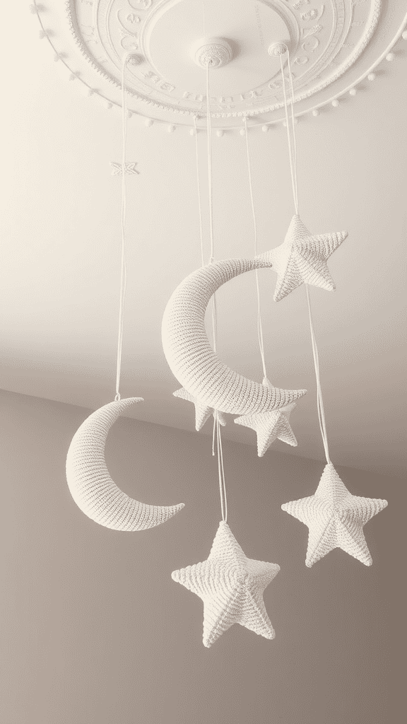 Crochet moon and star decorations hanging from a ceiling