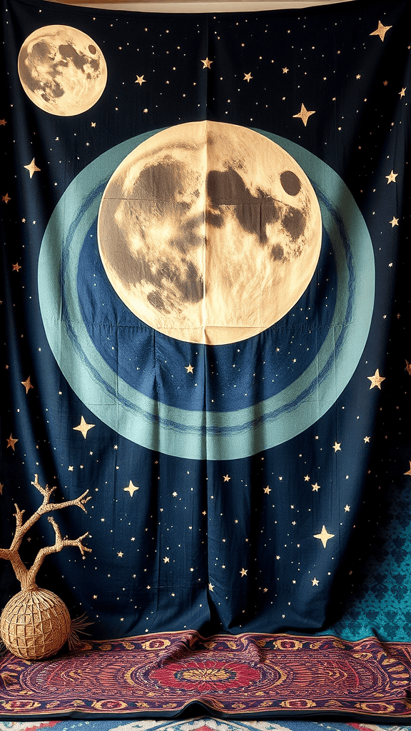 A tapestry depicting the moon and stars against a dark blue background.