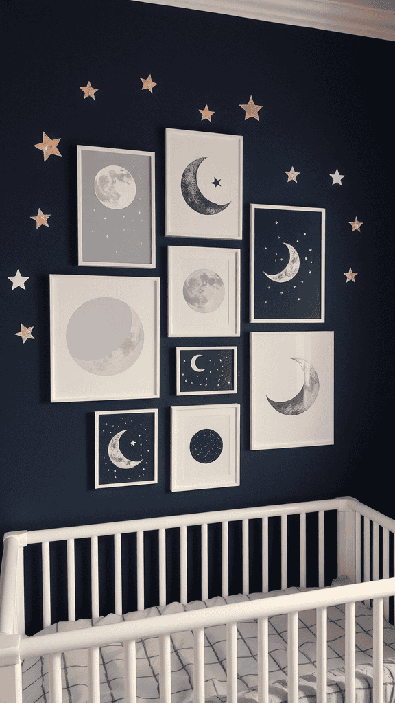 A wall decorated with moon and star themed art prints above a crib.