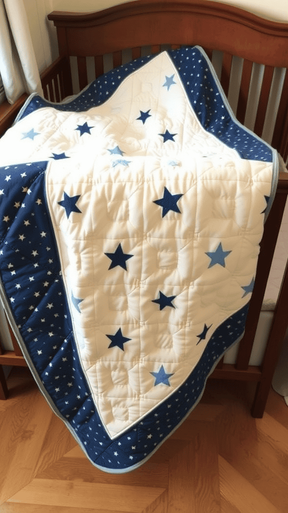 A quilted blanket with a pattern of stars in blue and cream colors.