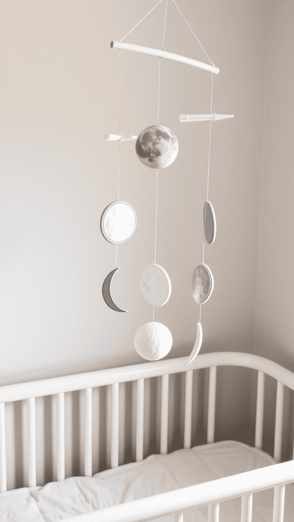 A moon phase mobile hanging above a crib, featuring various moon shapes and phases.