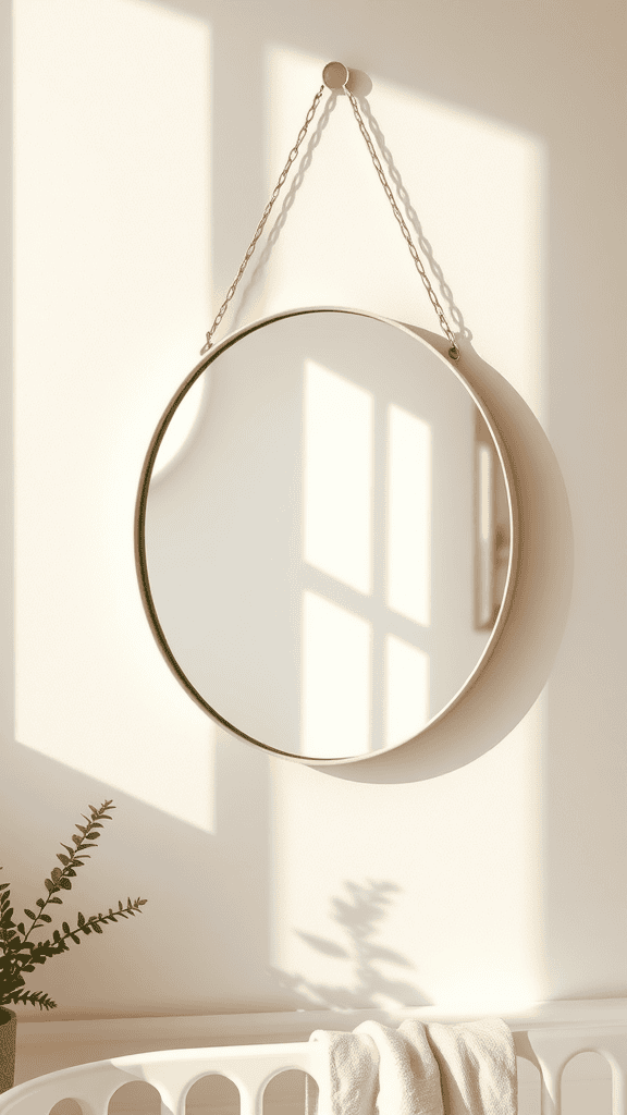 A round wall mirror with a gold frame, hanging on a light wall, reflecting soft sunlight.