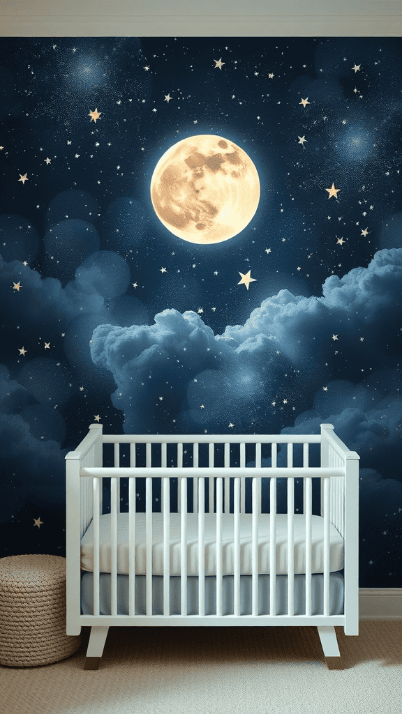 A serene moonlit night sky wallpaper featuring a bright moon and stars, with a crib in front.