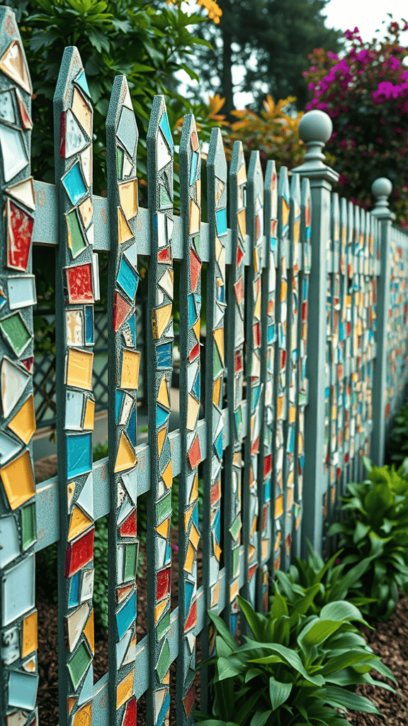 Colorful mosaic tile accents on a wooden fence surrounded by greenery