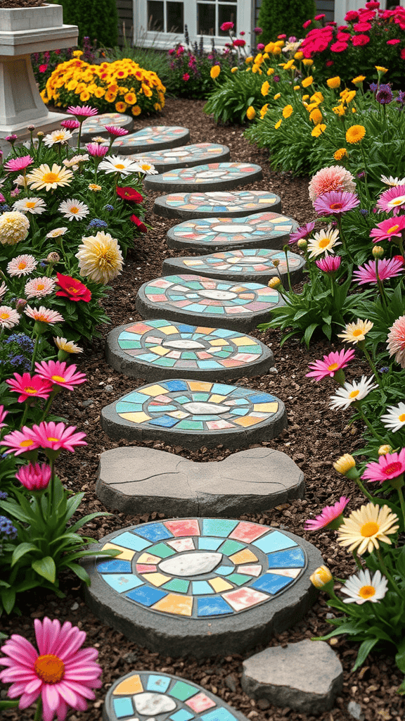 Colorful mosaic tile stepping stones surrounded by blooming flowers in a garden.