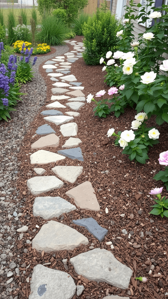 A garden path made of stones surrounded by flowers and mulch.