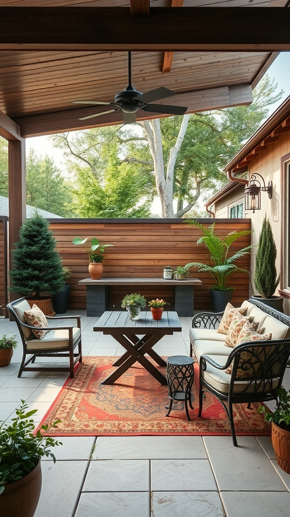 Cozy outdoor patio with seating, table, and plants