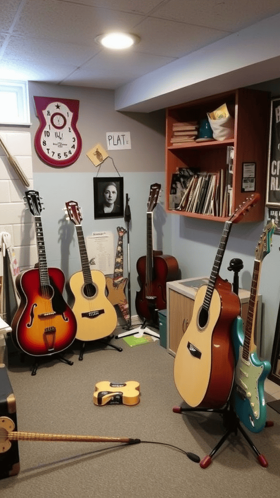 A collection of guitars and musical items in a cozy room.