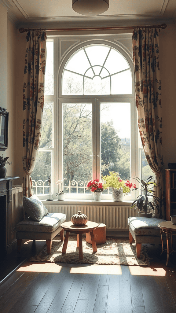 Cozy vintage tiny house living room with large windows and bright natural light.