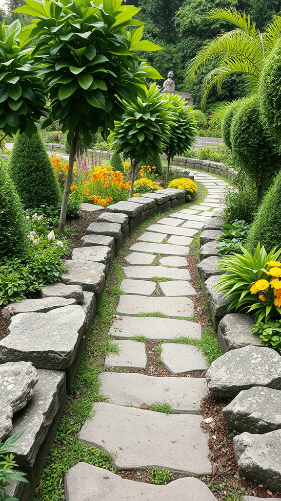 A winding pathway made of natural stone surrounded by colorful flowers and greenery.